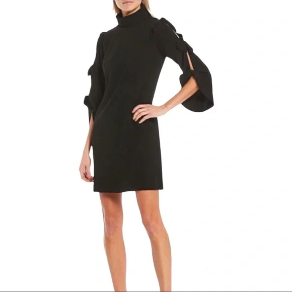 💥SOLD💥Alex Marie Nina Bow Sleeves Mock Neck Mini Dress Black Sz 2 NWT - Picture 10 of 10